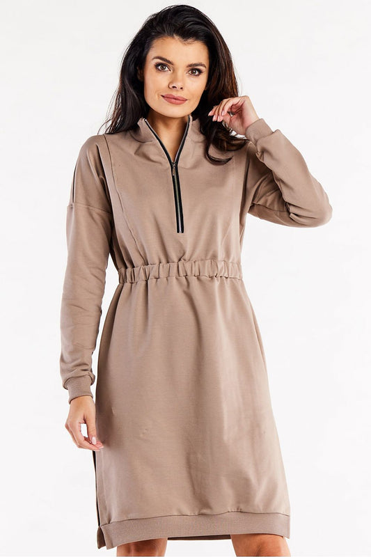 Luxury Long Sleeve Daydress with Side Slits and Zip Neckline by Infinite You, showcasing elegant side slits and a stylish zippered neckline.