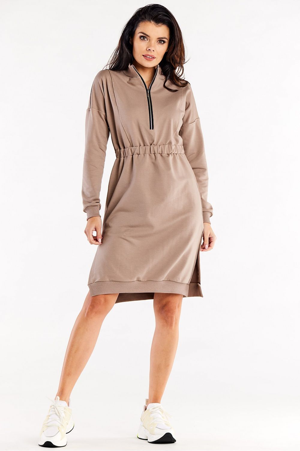 Close-up of the Luxury Long Sleeve Daydress by Infinite You, highlighting the soft cotton and spandex blend, perfect for a sophisticated wardrobe.