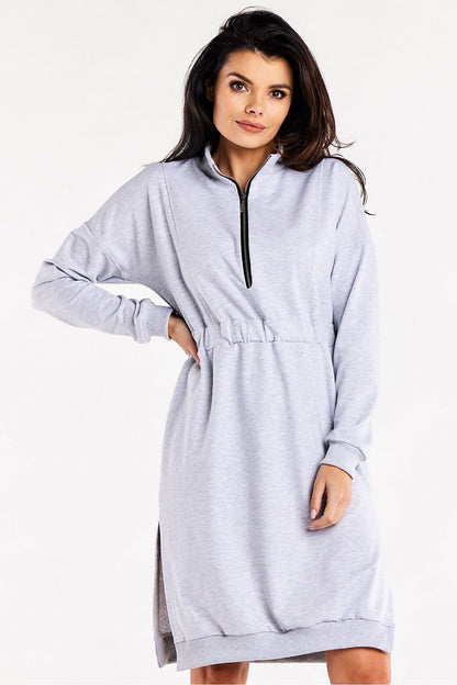 Close-up view of the Luxury Long Sleeve Daydress with Side Slits and Zip Neckline by Infinite You, highlighting the fine cotton and spandex blend.