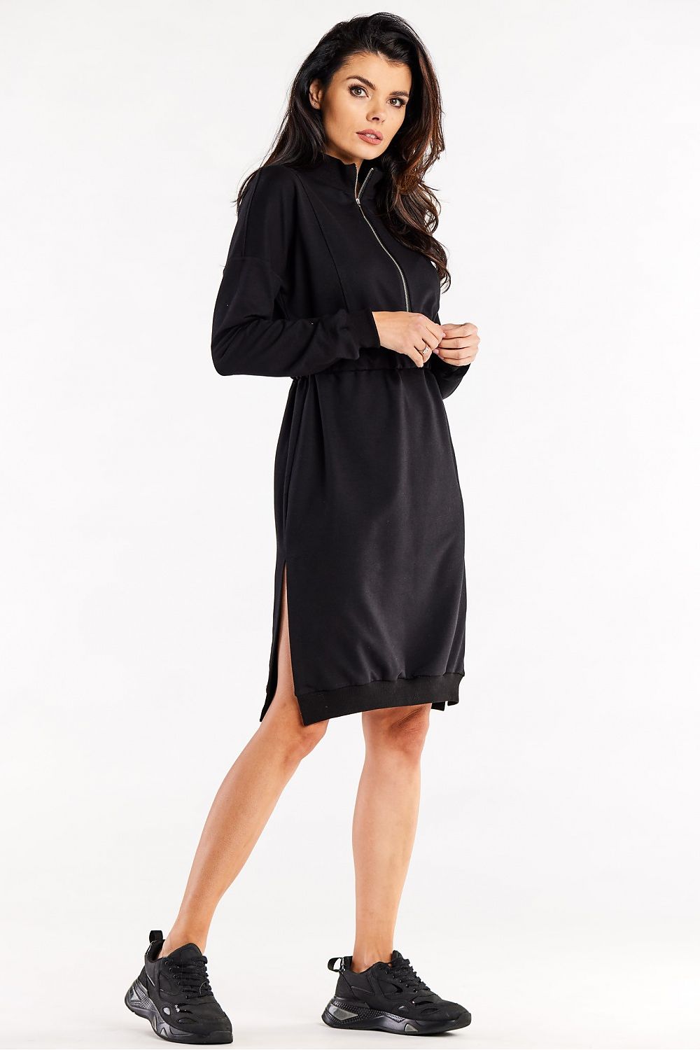 Luxury Long Sleeve Daydress with Side Slits and Zip Neckline by Infinite You, showcasing elegant vertical seams and a snug fit through the waist with decorative slits.