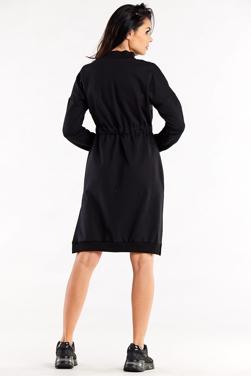 Close-up of the Luxury Long Sleeve Daydress with Side Slits and Zip Neckline by Infinite You, highlighting the rich fabric blend of 95% cotton and 5% spandex for a luxurious feel.