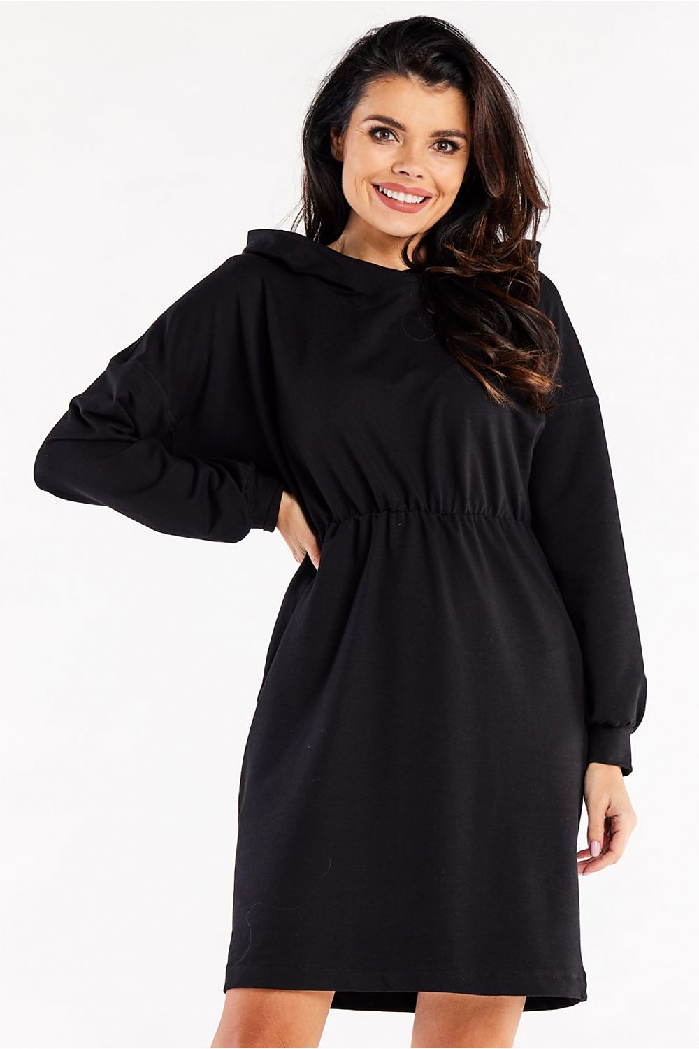 Close-up view of the Elegant Hooded Daydress with Long Sleeves and Waist Elastic by Infinite You, highlighting luxurious fabric detail.