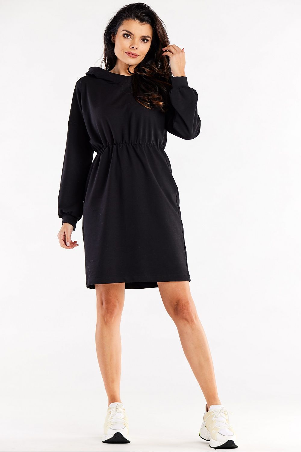 Elegant Hooded Daydress with Long Sleeves and Waist Elastic - Perfect for Everyday Wear displayed elegantly on a mannequin by Infinite You.