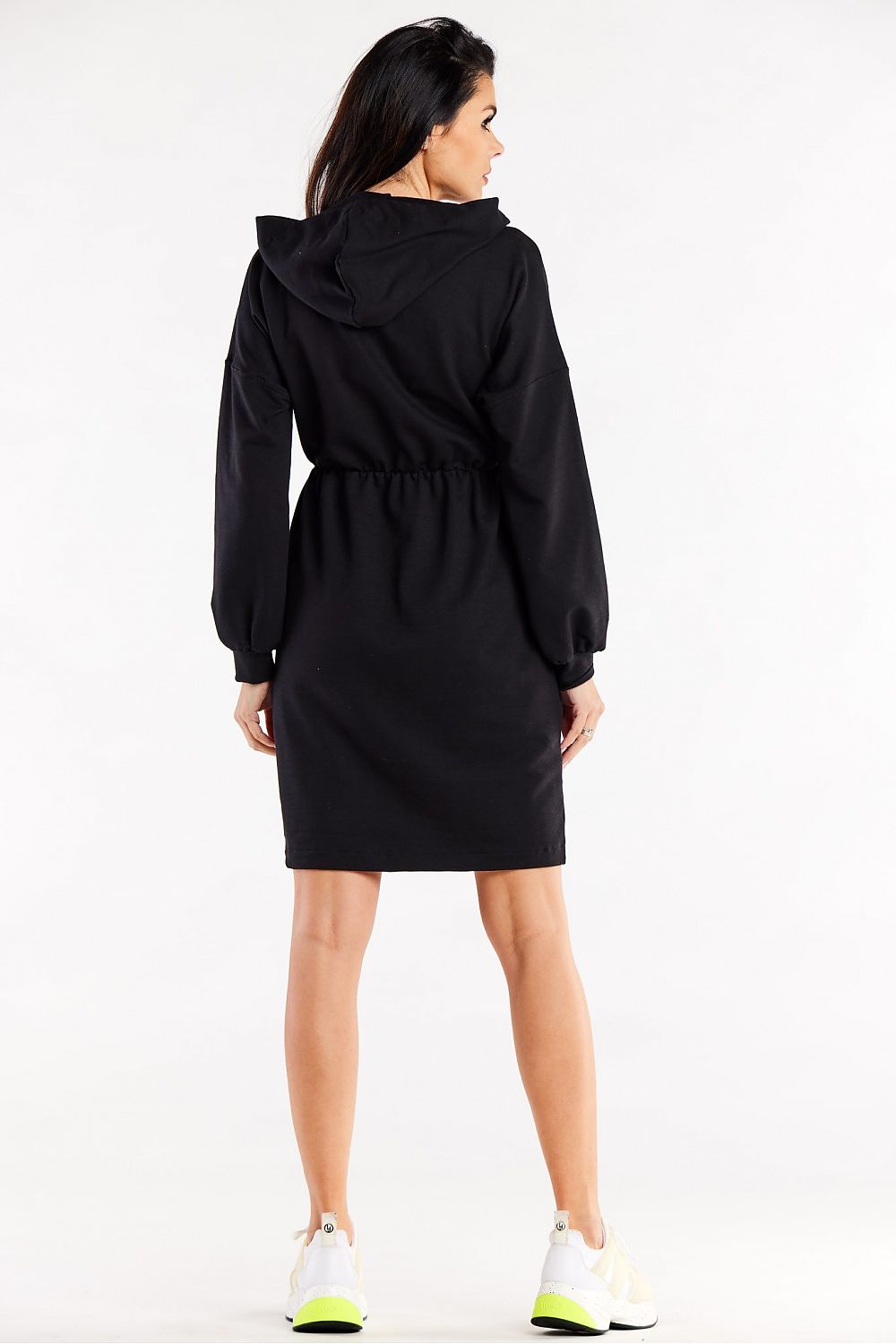 Model wearing Elegant Hooded Daydress with Long Sleeves and Waist Elastic by Infinite You, exemplifying luxury and comfort in everyday fashion.
