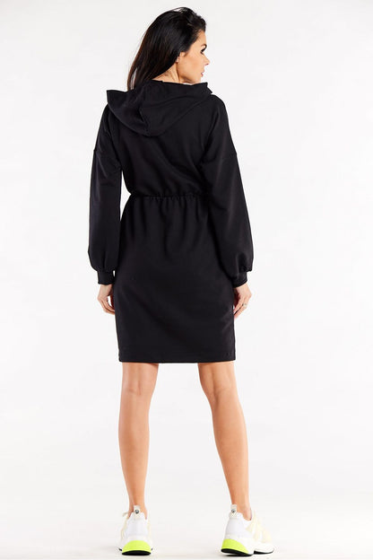Model wearing Elegant Hooded Daydress with Long Sleeves and Waist Elastic by Infinite You, exemplifying luxury and comfort in everyday fashion.