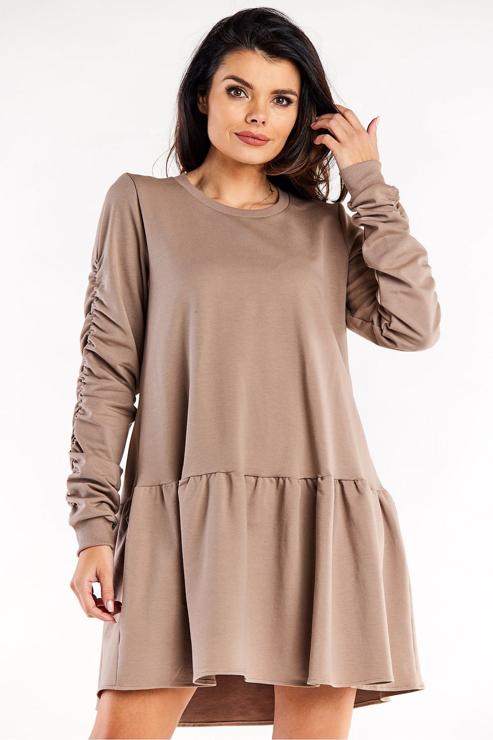 Luxurious Loose Cotton Dress with Ruffled Hem and Decorative Creased Sleeves by Infinite You, showcasing its elegant design and high-quality fabric in a stylish setting.