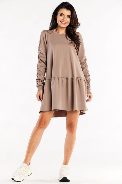 Luxurious Loose Cotton Dress with Ruffled Hem and Decorative Creased Sleeves by Infinite You, showcasing the elegant round neckline and flowing silhouette.