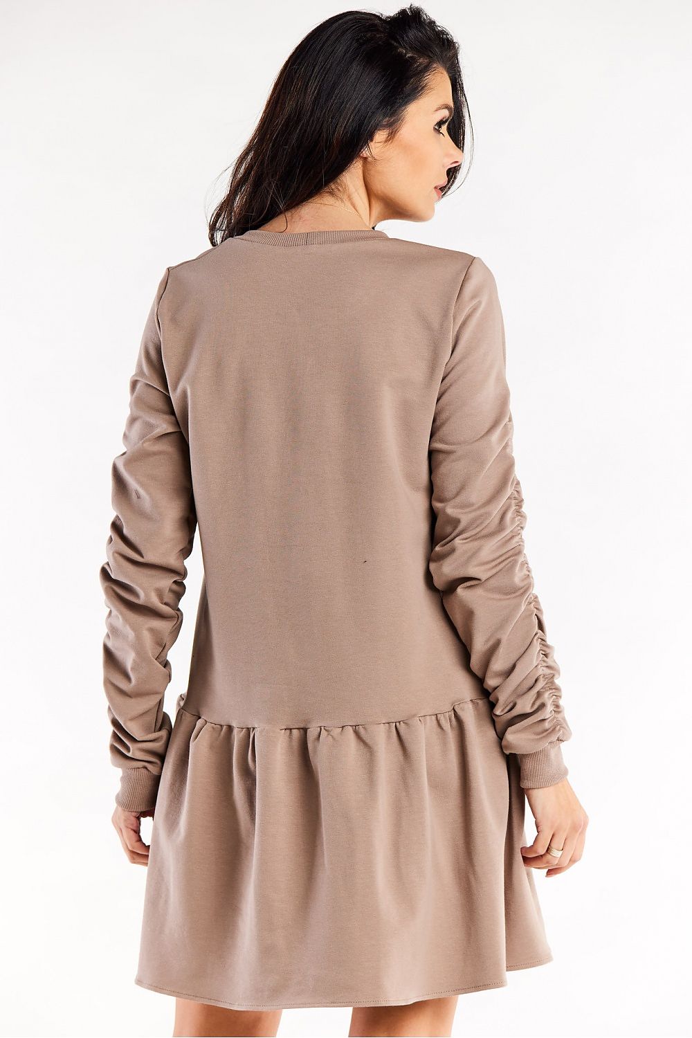 Side view of the Luxurious Loose Cotton Dress with Ruffled Hem and Decorative Creased Sleeves by Infinite You, highlighting the intricate sleeve design and relaxed fit.