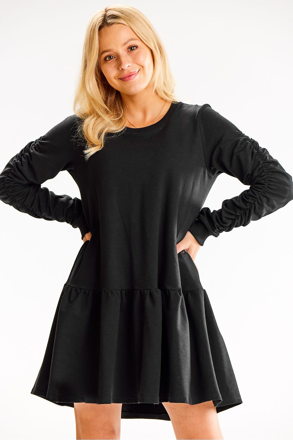 Close-up detail of the Luxurious Loose Cotton Dress by Infinite You, focusing on the decorative creased sleeves and soft cotton fabric texture.