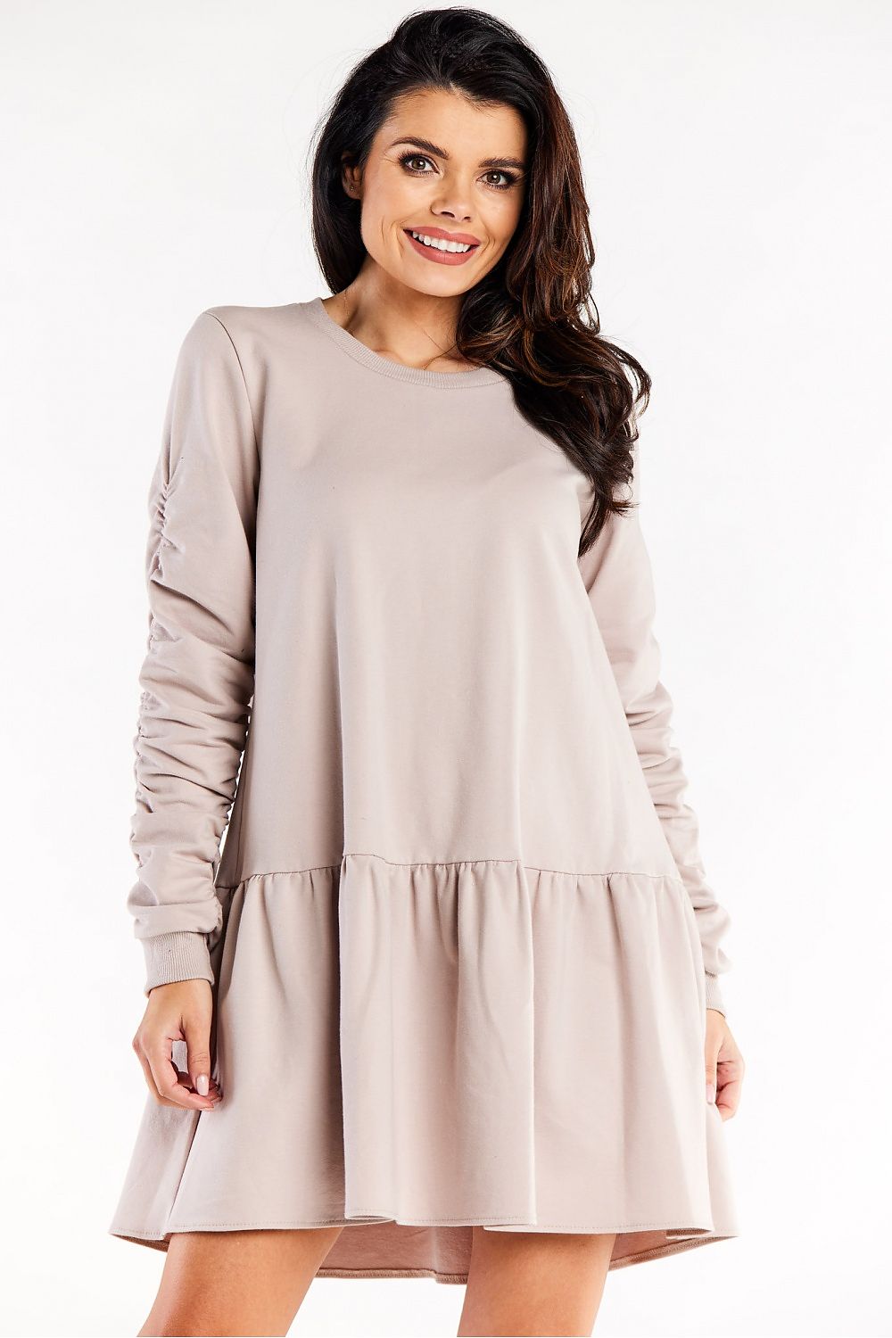 Luxurious Loose Cotton Dress with Ruffled Hem and Decorative Creased Sleeves by Infinite You displayed elegantly on a mannequin, showcasing its exquisite design and fabric.