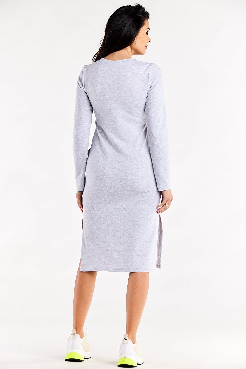 Back view of the luxury fitted dress featuring long sleeves, heart neckline, and side slits - Infinite You, perfect for sophisticated styling.