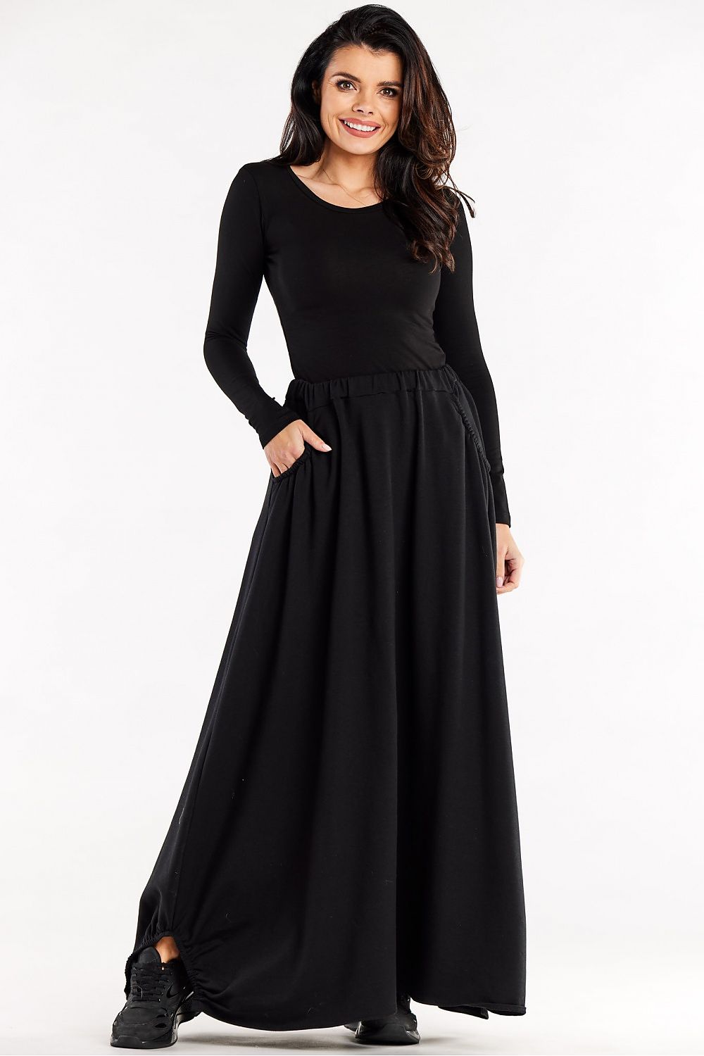 Elegant Long Trapeze Skirt with Elastic Waistband and Pockets by Infinite You, showcasing a stylish crease and decorative cutouts, perfect fit for any occasion.