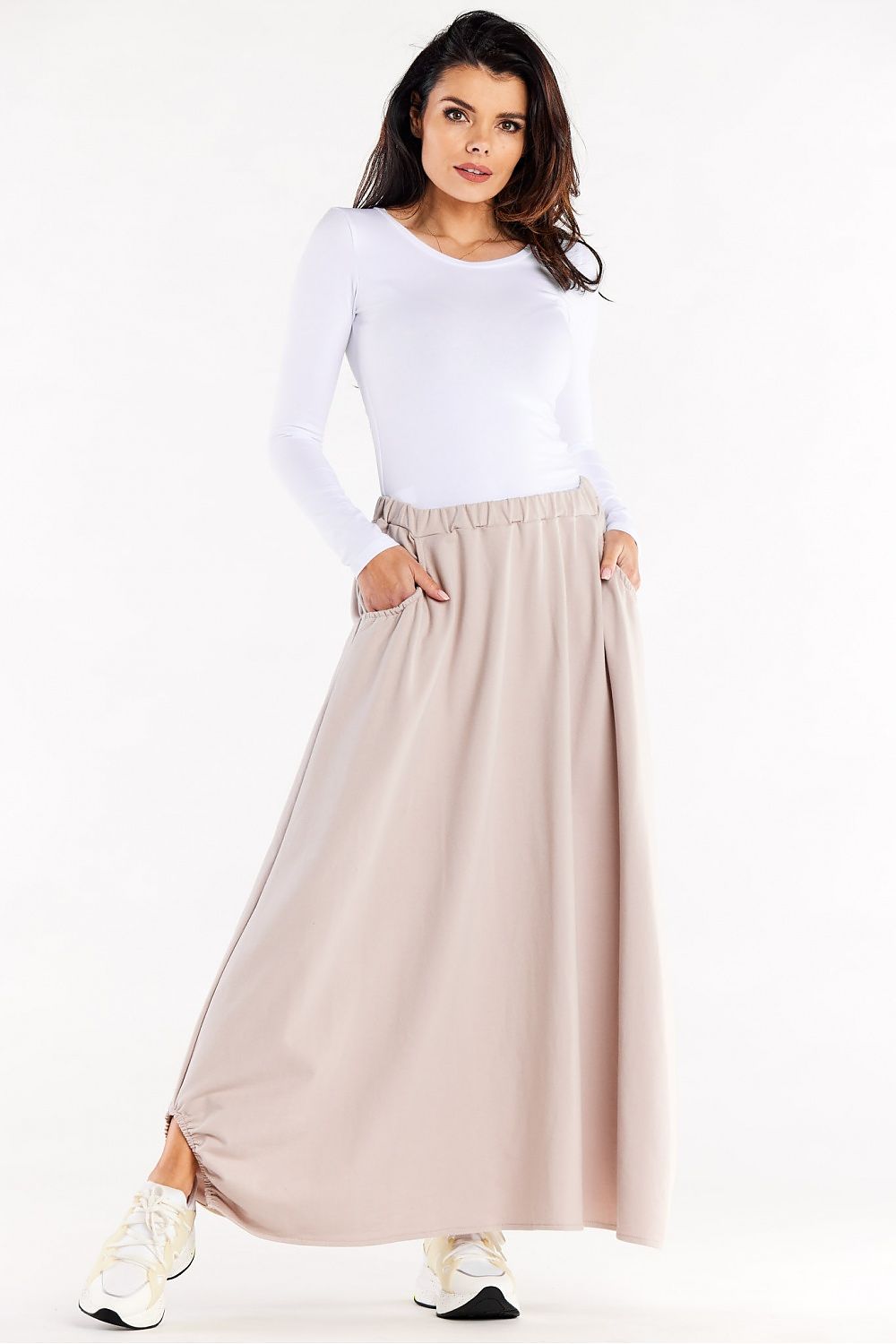Elegant Long Trapeze Skirt with Elastic Waistband and Pockets by Infinite You, showcasing a luxurious drape and stylish cutouts.