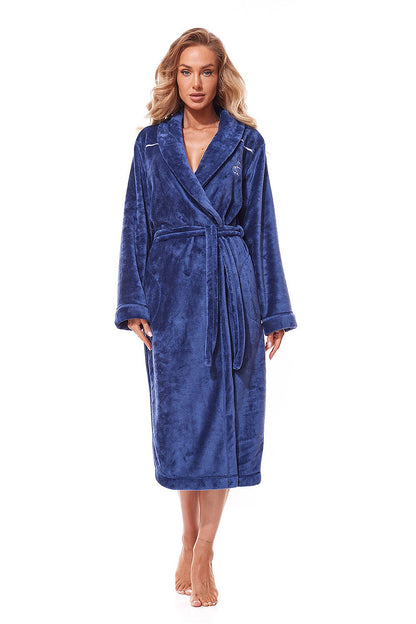 Luxurious Long Bathrobe by L&L Collection showcasing elegant smooth fabric and unique embroidery in a relaxed setting.