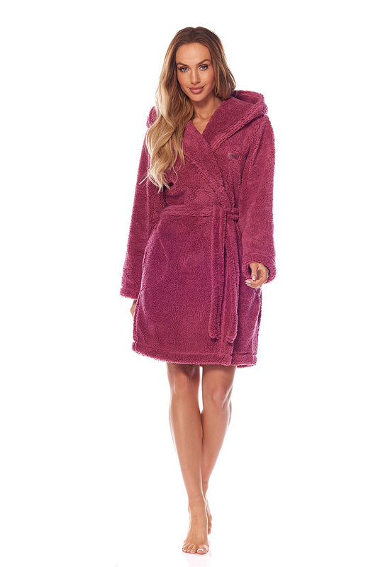 L&L Collection Women's Hooded Bathrobe in warm polyester with pockets for cozy comfort, perfect for lounging on cold days.