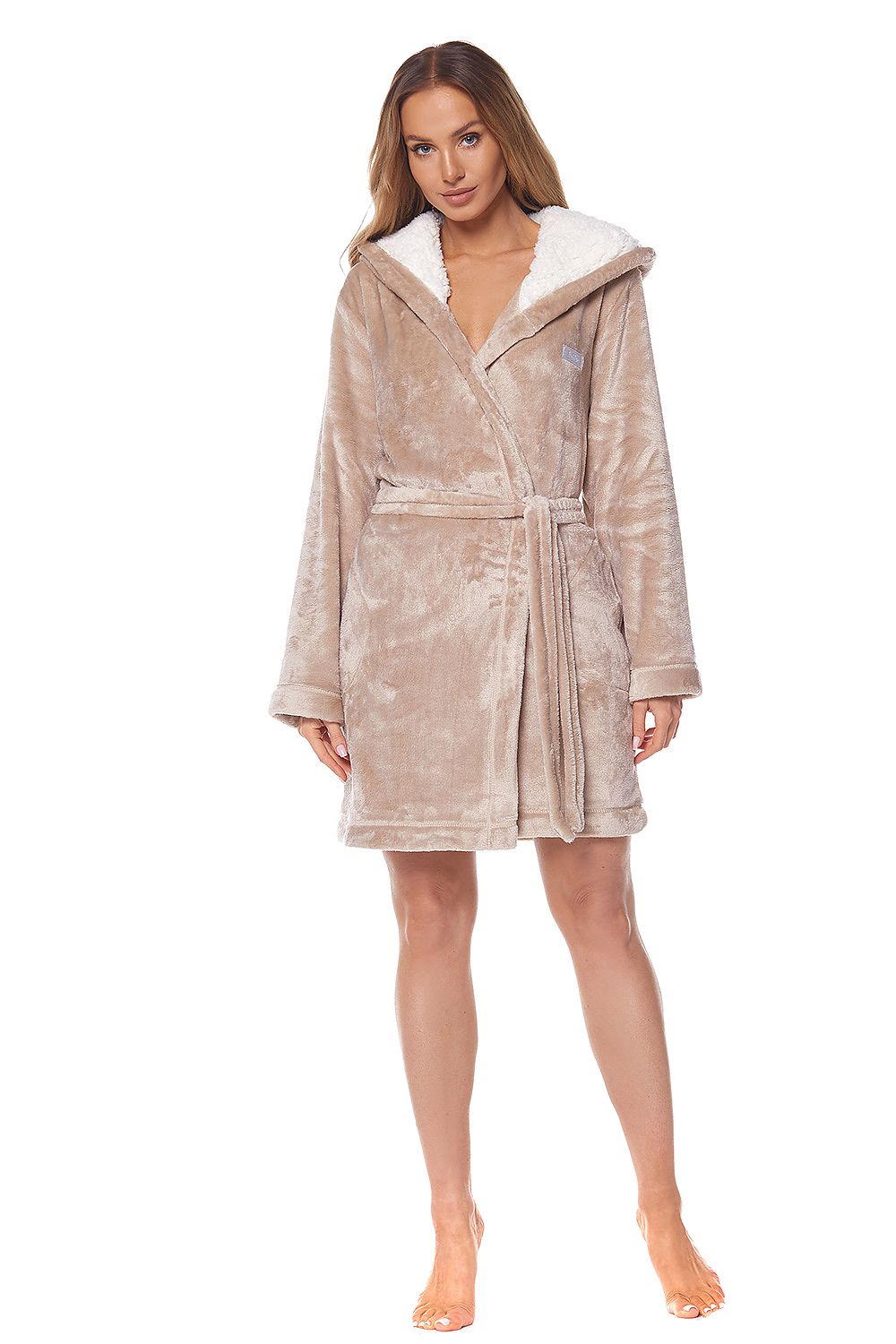 L&L Collection Angora Hooded Bathrobe in Ala Beige with 'Hello' designed for luxury comfort, showcasing its fluffy polyester texture and stylish hood lined with light coloured fur.