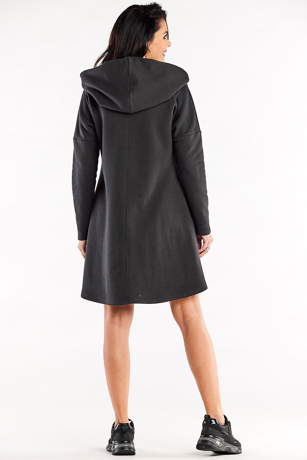 Close-up of the Elegant Loose Trapeze Dress with Long Sleeves and Hood, highlighting the exquisite fabric and sophisticated design by Infinite You.
