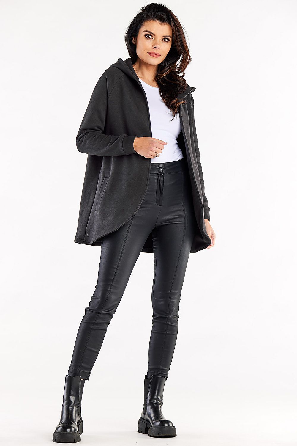 Stylish model wearing the Luxurious Loose-Fit Hooded Sweatshirt by Infinite You, highlighting the elegant design and relaxed fit.