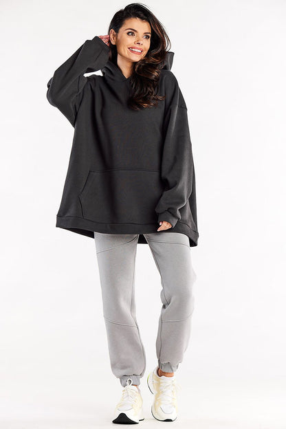 Fashion-forward oversized cotton-blend sweatshirt equipped with a spacious kangaroo pocket and hood, available from Infinite You.