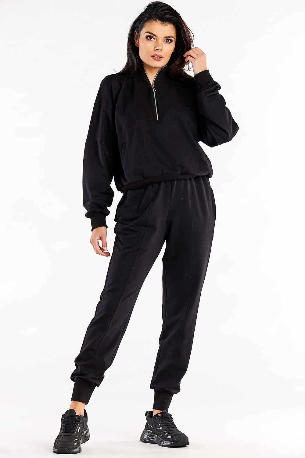 Infinite You Luxury Cotton Blend Sweatshirt featuring a high collar, zipper, and pockets, ideal for elegant casual wear.