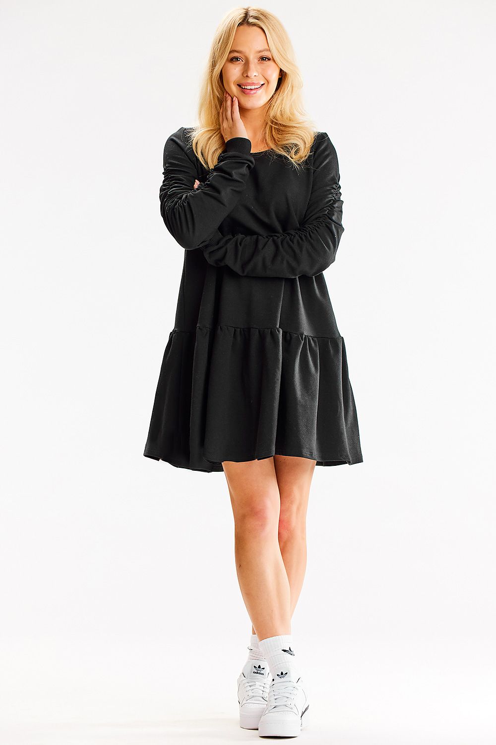 Full-length view of the Luxurious Loose Cotton Dress with Ruffled Hem and Decorative Creased Sleeves by Infinite You, epitomising elegance and comfort in one feminine design.