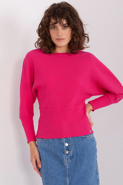 Elegant Batwing Cotton Blouse with Unique Ribbed Texture and Comfortable Fit for Everyday Wear, emphasising the round neckline and long sleeves.