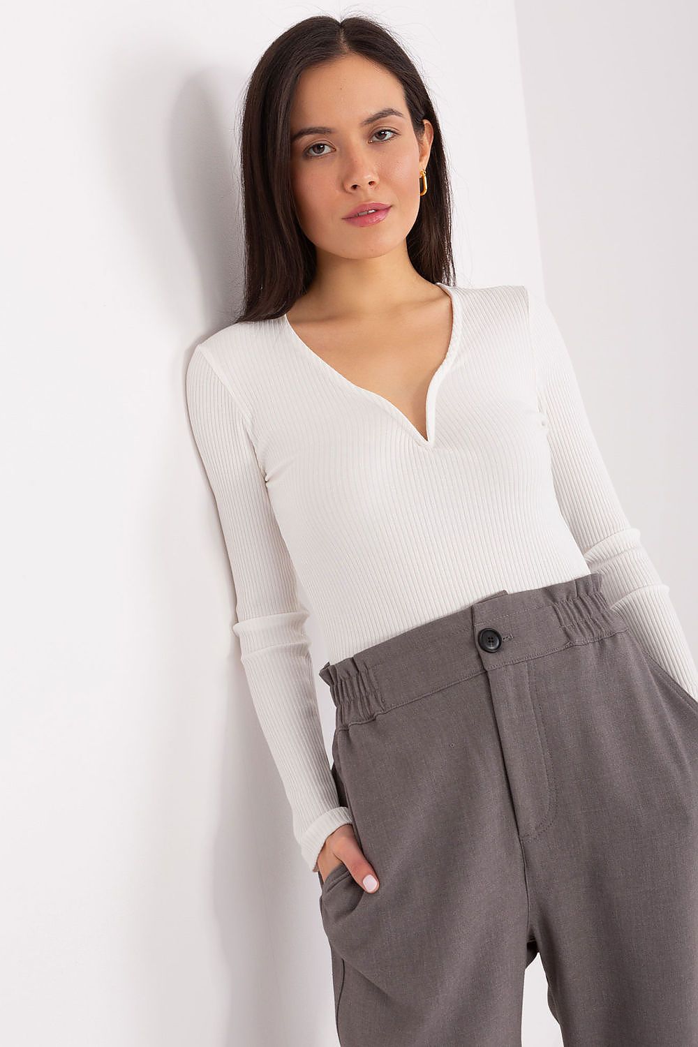 Elegant Cotton Blouse with Heart Neckline and Long Sleeves by BFG, showcasing a fitted silhouette in airy cotton for luxurious comfort, ideal for casual wear.