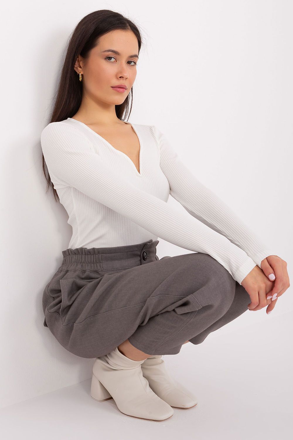 Elegant Cotton Blouse with Heart Neckline and Long Sleeves by BFG - Showcasing the subtle appeal of the heart neckline and ribbed texture, ideal for stylish everyday attire.