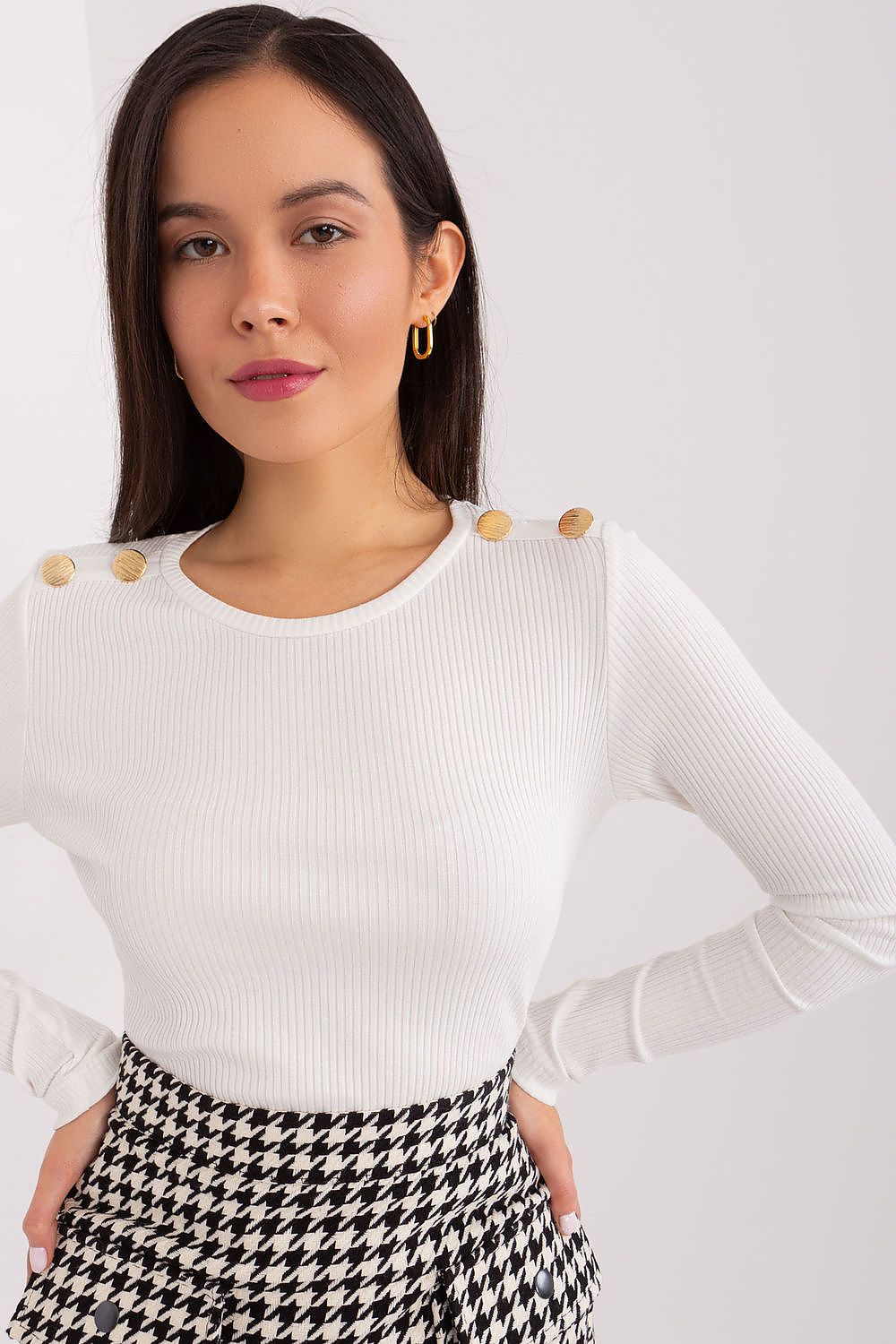Elegant Striped Cotton Blouse with Decorative Shoulder Buttons – Versatile Long Sleeve Top, showcasing a fitted silhouette perfect for any occasion.