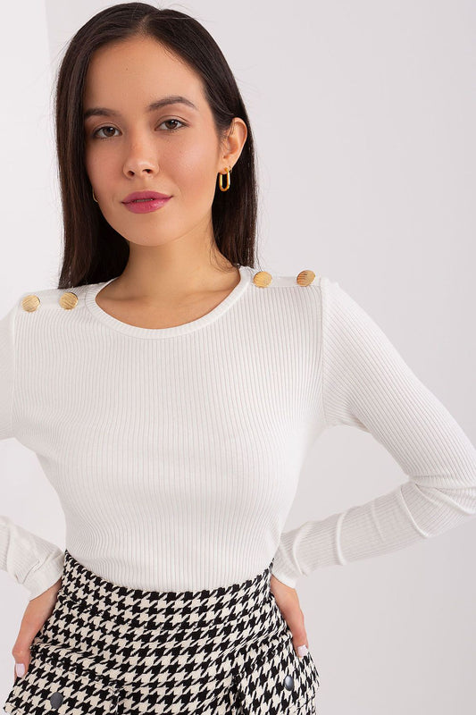 Elegant Striped Cotton Blouse with Decorative Shoulder Buttons – Versatile Long Sleeve Top, showcasing a fitted silhouette perfect for any occasion.