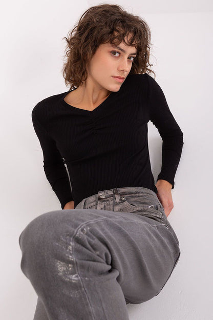 Elegant Heart Neckline Cotton Blouse with Long Sleeves - Exquisite detail on a fashionable outfit by BFG, perfect for casual occasions.