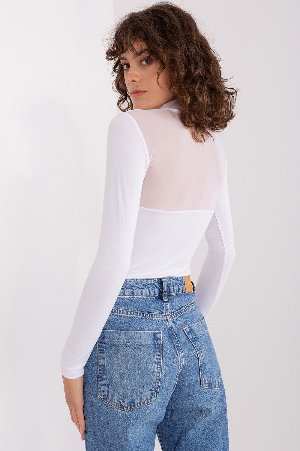 Close-up of the Elegant Viscose Blouse With Half Turtleneck And Heart Neckline, highlighting the soft viscose fabric and sophisticated design perfect for both casual and formal occasions.