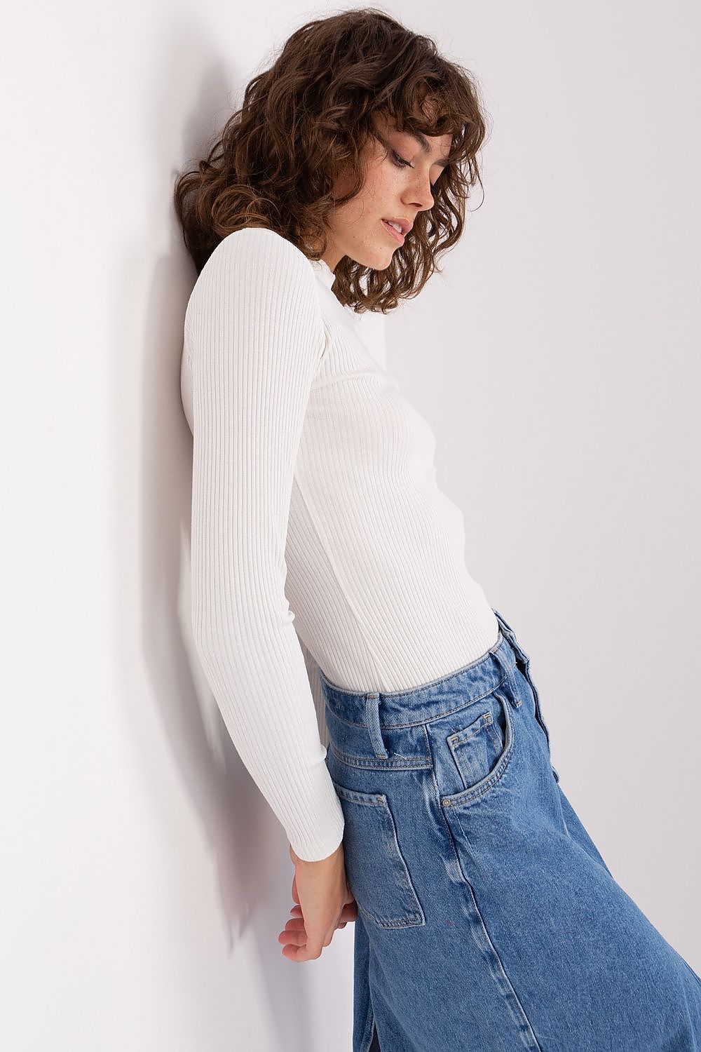 BFG's exquisite long sleeve cotton blouse featuring a sophisticated half turtleneck, perfect for casual elegance.