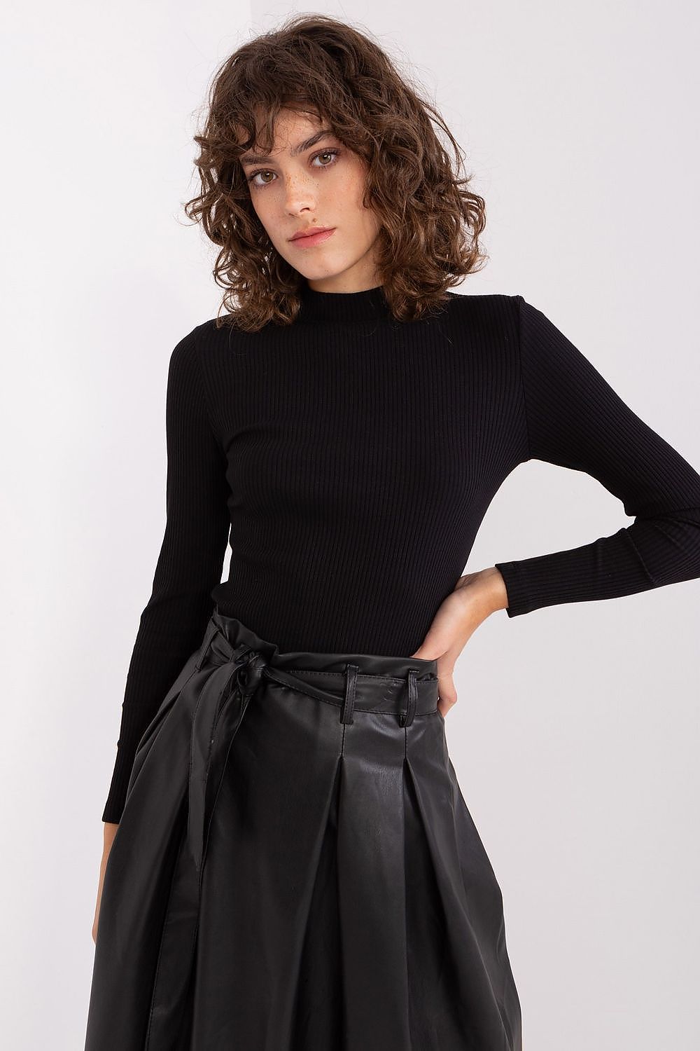 Versatile ribbed cotton blouse with stylish half turtleneck by BFG, enhancing your wardrobe with luxurious comfort for every occasion.