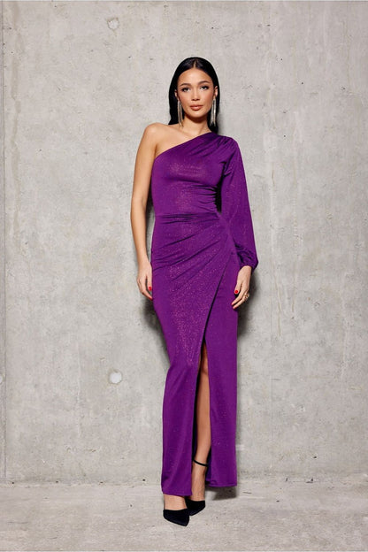 Detail shot of the stylish slit on the asymmetrical one-shoulder maxi dress by Roco Fashion, designed for elegance and sophistication.