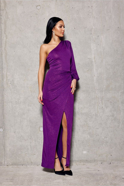 Elegant asymmetrical one-shoulder maxi dress by Roco Fashion, showcasing shimmering glitter fabric and side slit, perfect for formal occasions.
