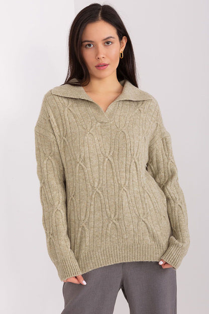 Close-up of AT's sophisticated women's long sleeve acrylic blend sweater showing its unique fabric texture and refined design details.