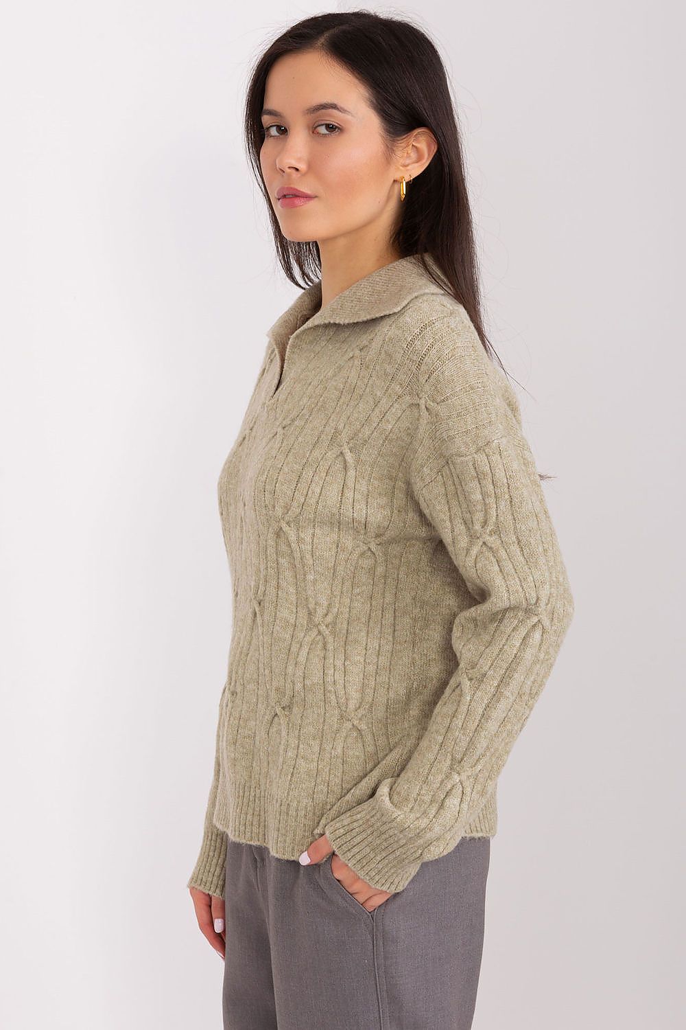 Stylish women's long sleeve sweater from AT in a gorgeous variegated pattern, ideal for enhancing any casual or office ensemble.