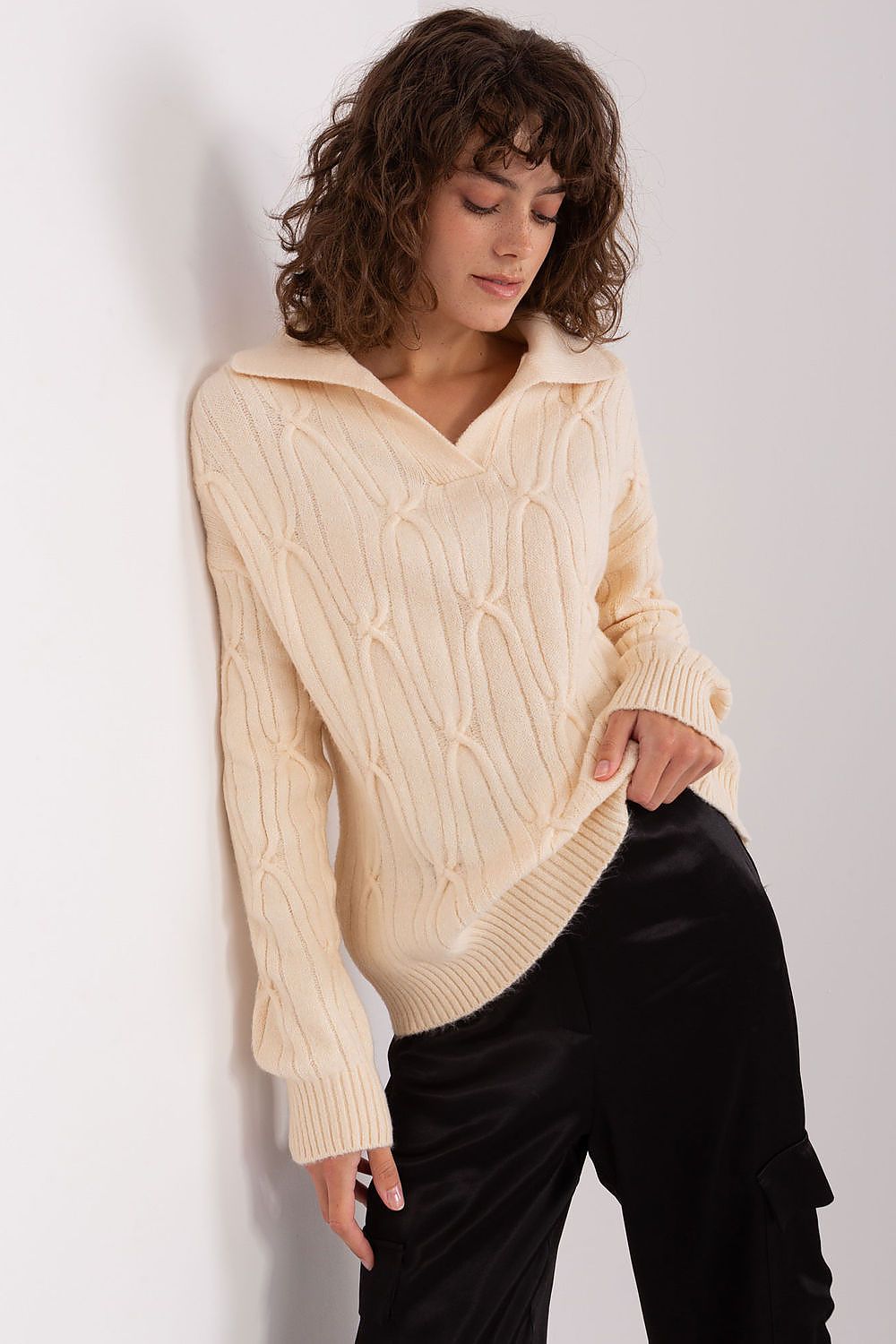 Elegant Women's Long Sleeve Acrylic Blend Sweater by AT featuring a luxurious variegated texture and subtle pattern, perfect for chic casual and office wear.