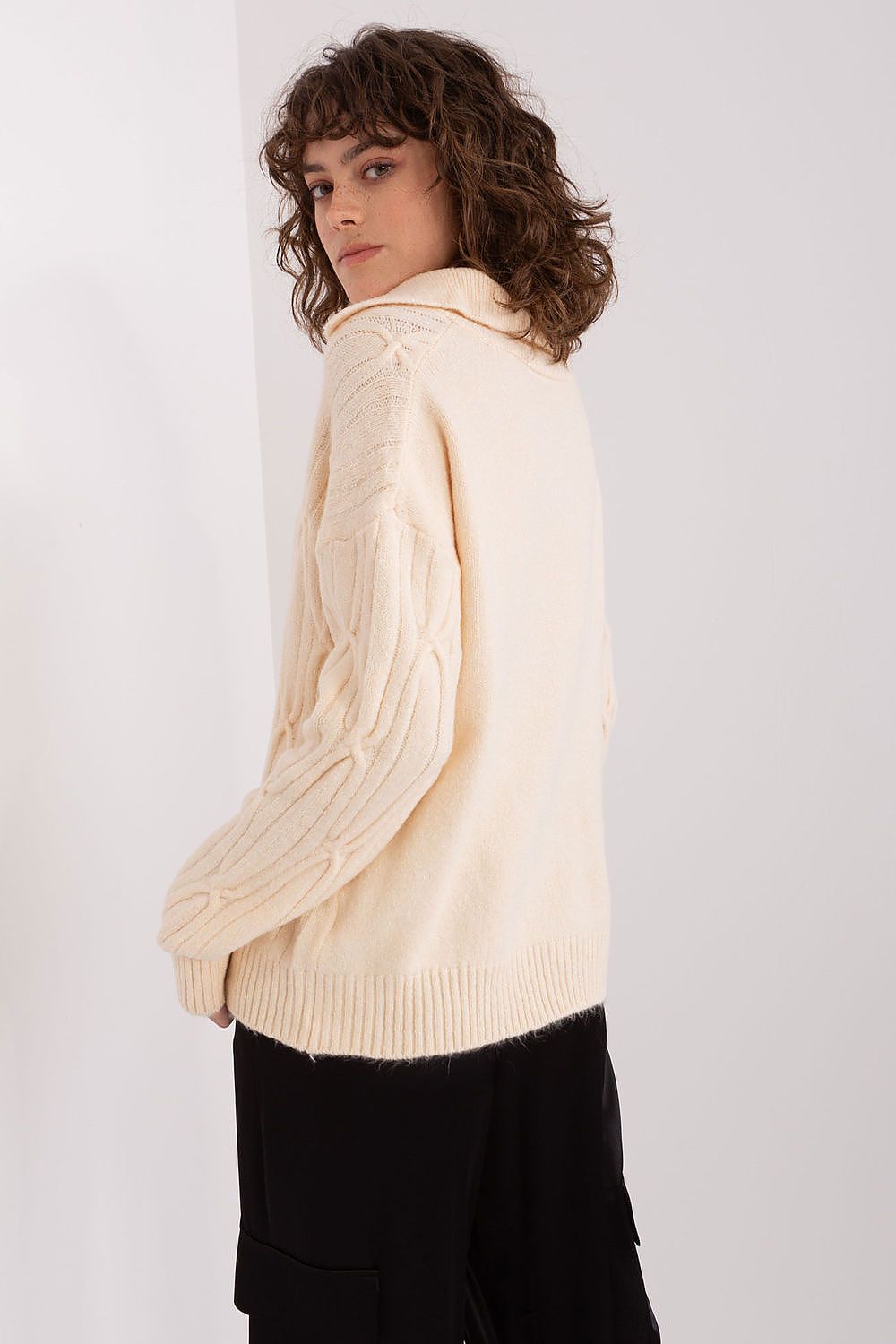 Stylish model wearing the Elegant Women's Long Sleeve Acrylic Blend Sweater by AT, highlighting the elegant collar and long sleeves for warmth and versatility.