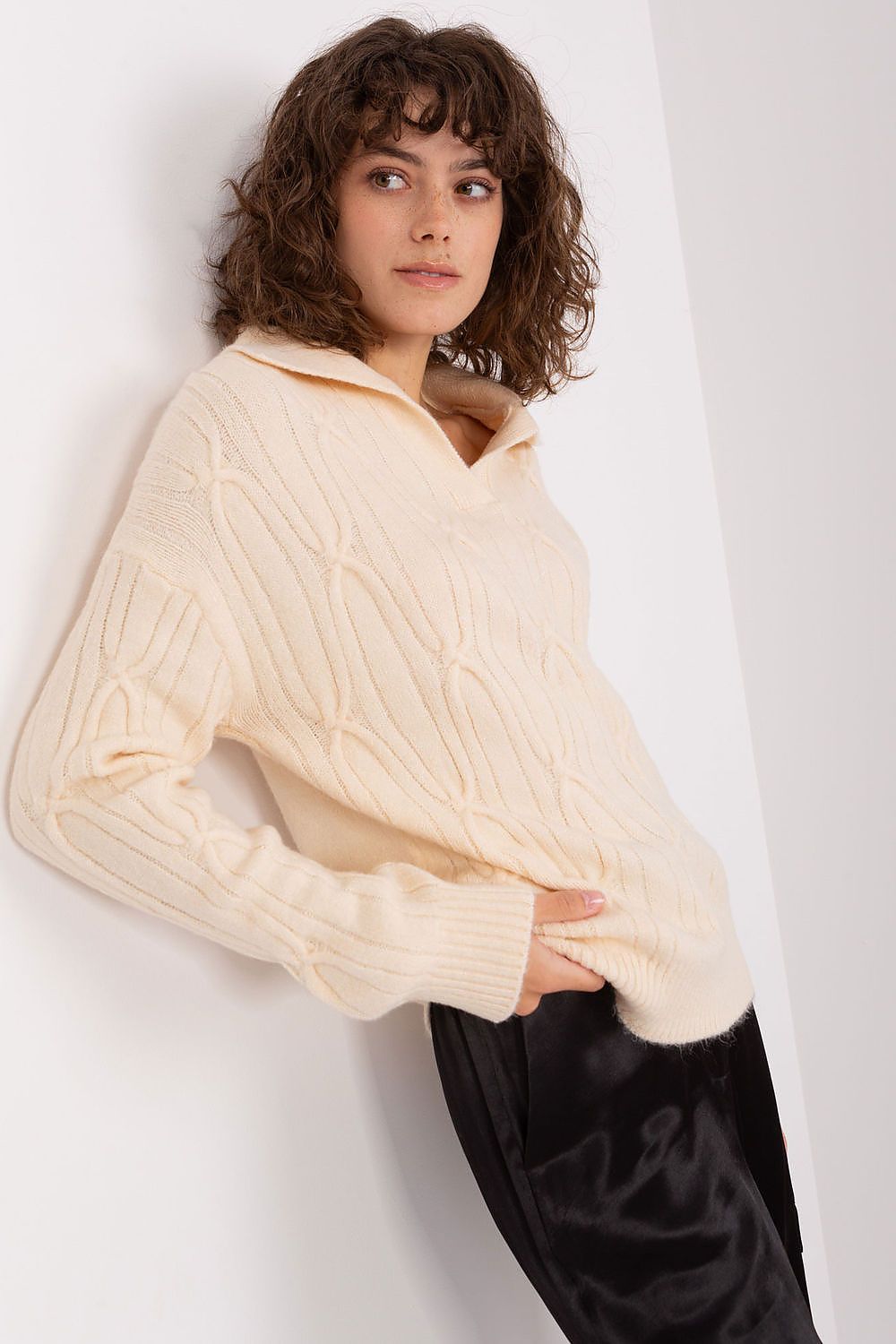 The Elegant Women's Long Sleeve Acrylic Blend Sweater by AT displayed against a refined backdrop, demonstrating its fashionable design suitable for various occasions.