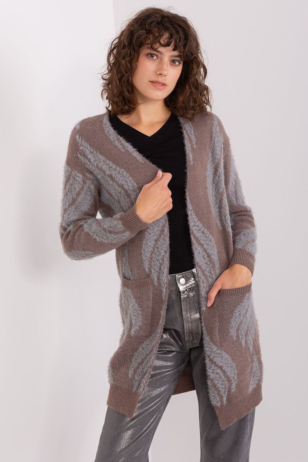Chic long sleeve bedspread cardigan featuring slip pockets, crafted by AT for a luxurious and comfortable everyday wear.