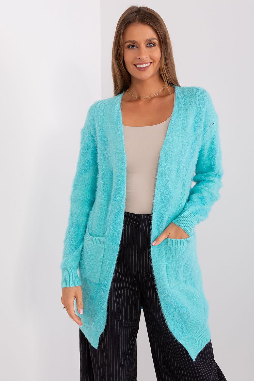 Fashionable long sleeve bedspread cardigan by AT, featuring an eye-catching variegated fabric ideal for everyday wear.