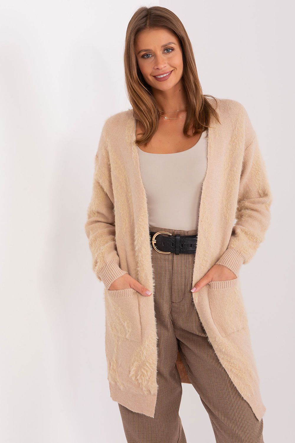 Elegant long sleeve cardigan from AT, featuring a chic variegated design and practical pockets.