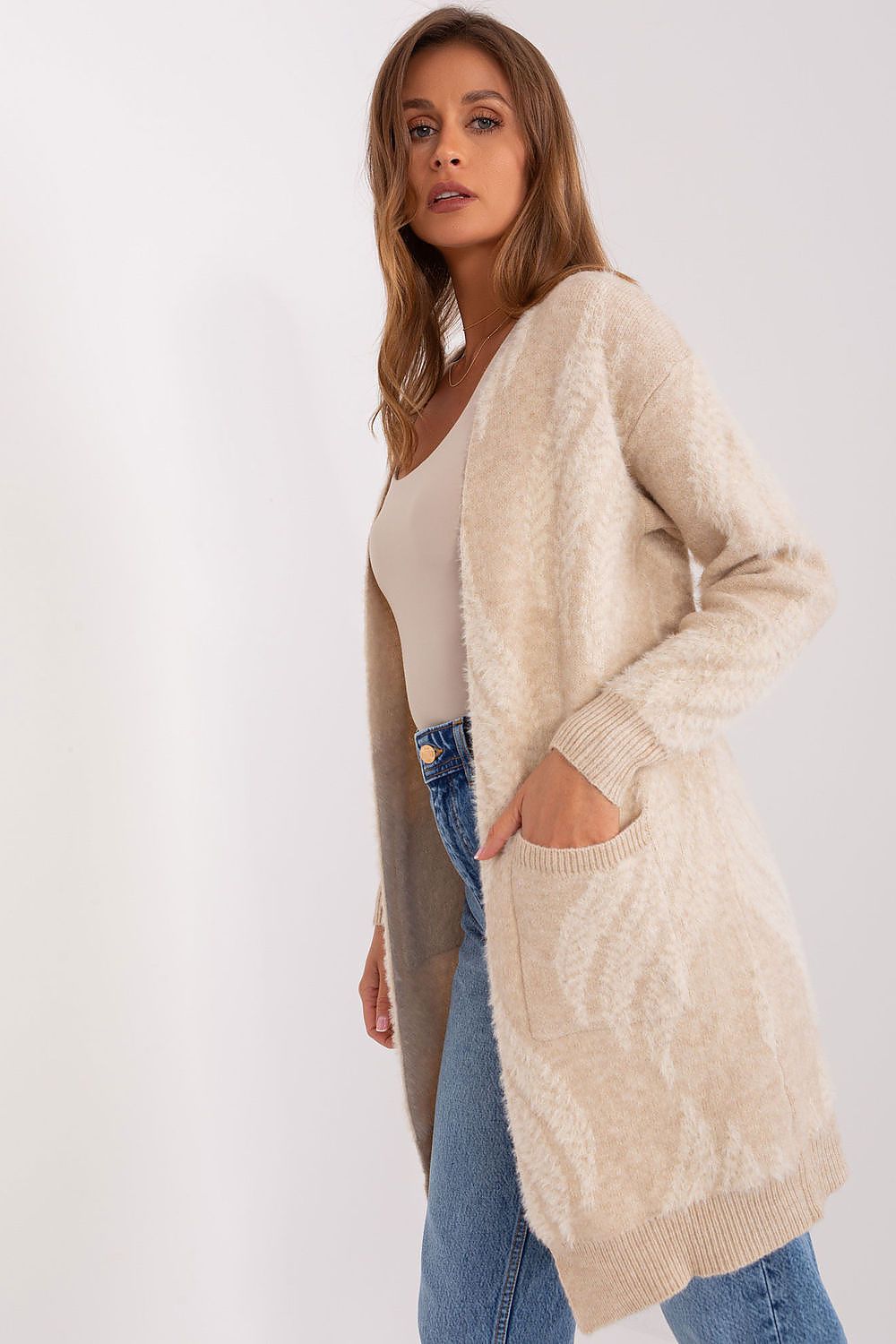 Fashion-forward bedspread cardigan in stylish variegated fabric by AT, perfect for adding comfort to your everyday wardrobe.