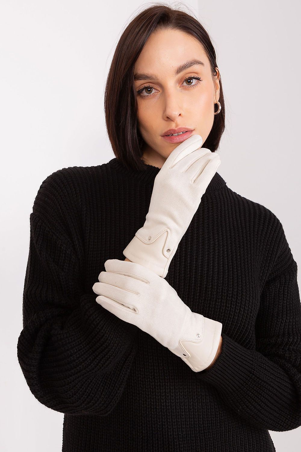 Luxurious polyester and spandex blend gloves by AT, featuring an intricately embroidered flower design perfect for stylish women.