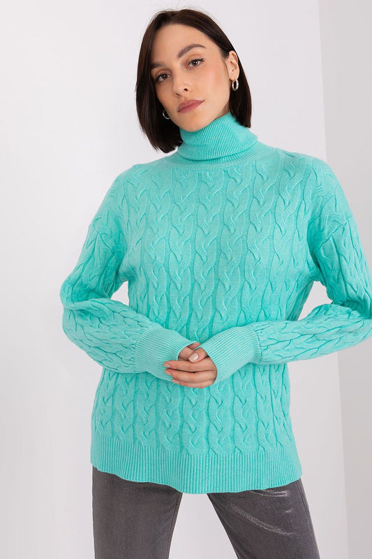 Elegant plaid turtleneck sweater for women by AT, featuring a cozy long sleeve design and unique variegated fabric texture, perfect for everyday luxury.