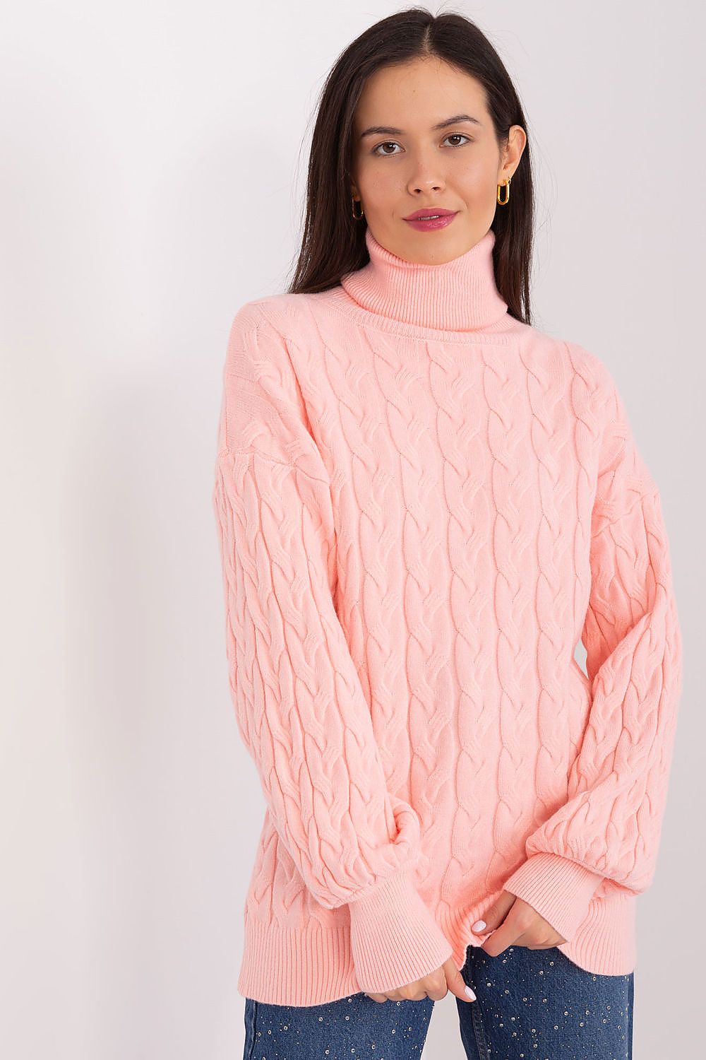 Detailed view of the fabric composition of the elegant plaid long sleeve turtleneck sweater for women by AT, highlighting its luxury nylon, PBT, and viscose blend.