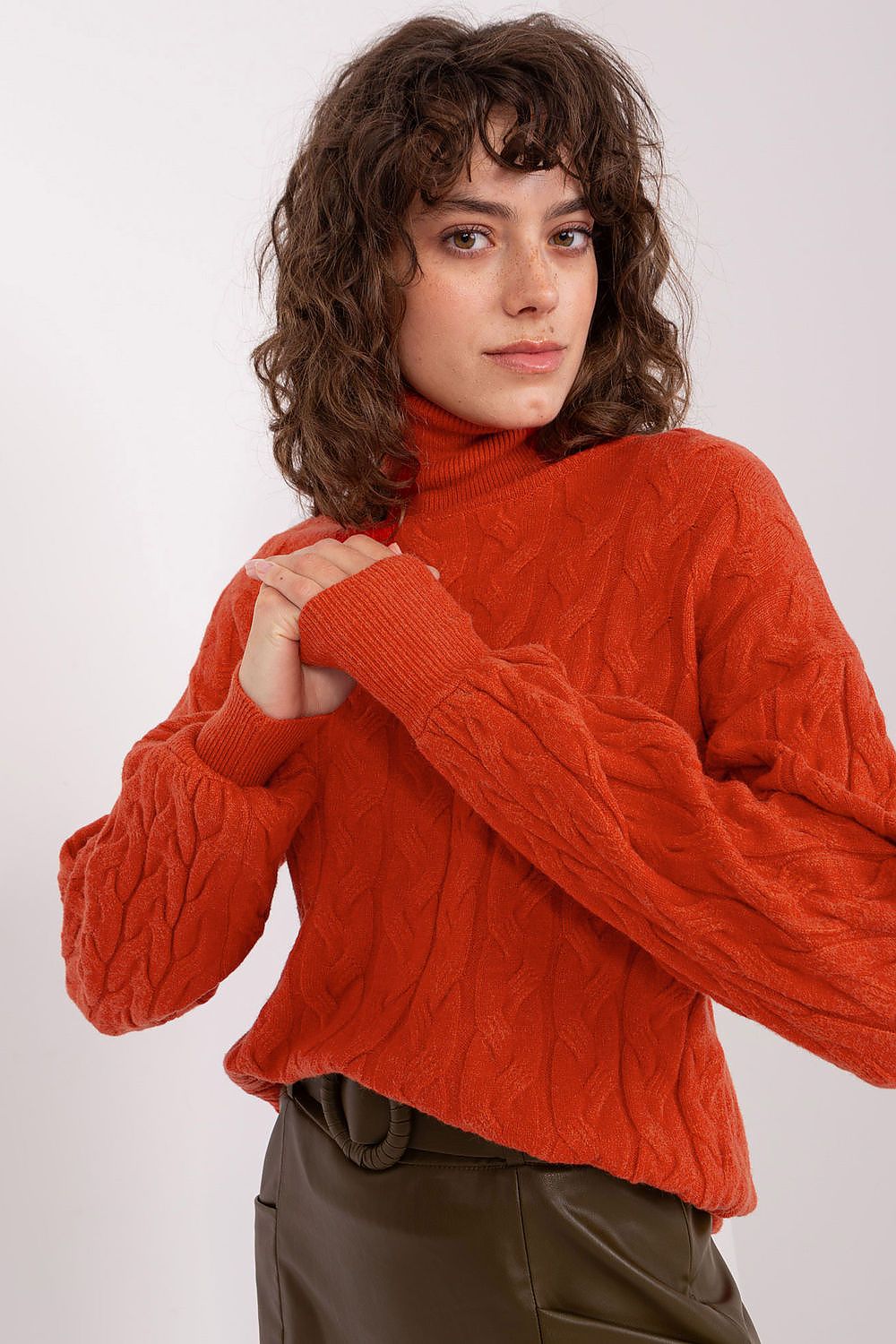 Fashionable women's cozy plaid turtleneck sweater by AT, offering versatile styling options for various outfits.