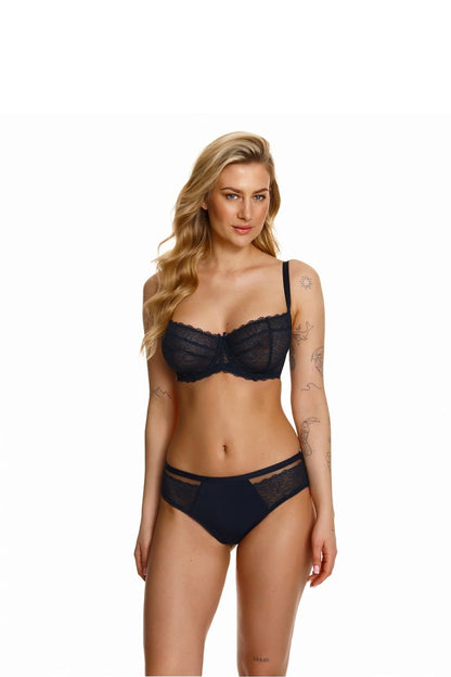 Elegant navy blue lace bra from Lupo Line, designed for curvy women, featuring delicate black mesh and a charming bow at the centre for a luxurious look.